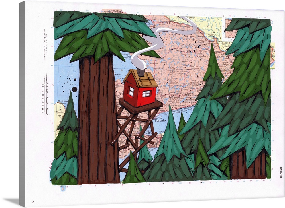 Pop art painting of a cabin on stilts in the canopy of a forest.