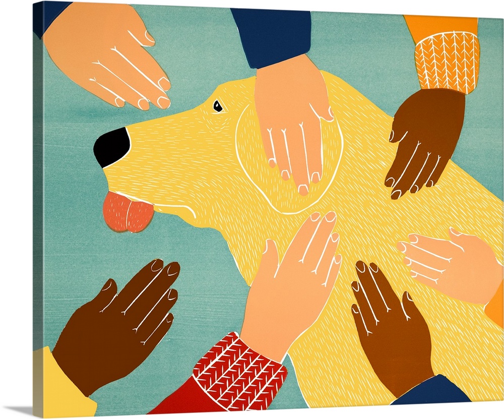 Illustration of a yellow lab getting petted by many different people.
