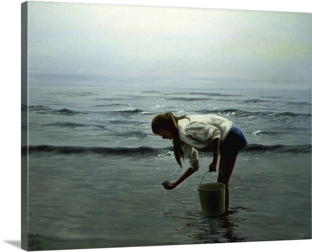 Contemporary painting of a young woman on the beach searching for seashells.