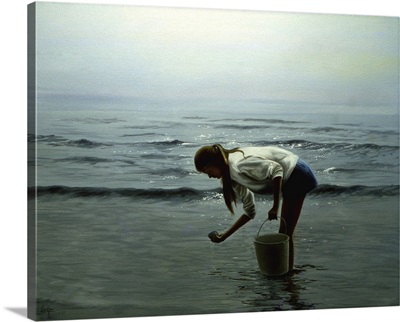 Girl Holding Bucket Bending Over In Water Picking Up A Shell