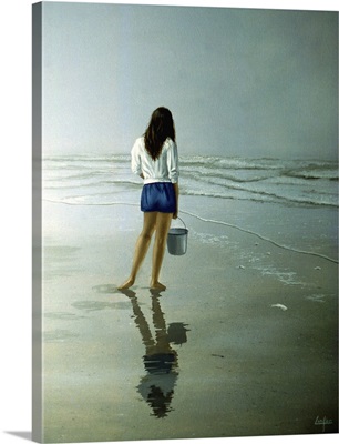 Girl Holding Bucket Standing On Beach