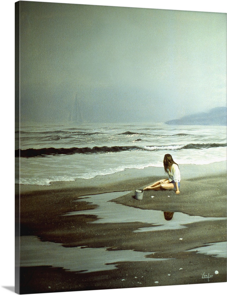 Contemporary painting of a young woman on the beach watching the waves.