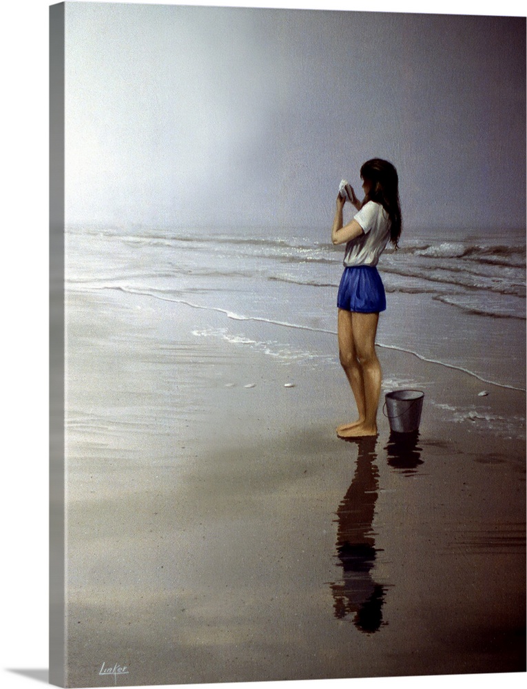 Contemporary painting of a young woman on the beach holding a seashell.