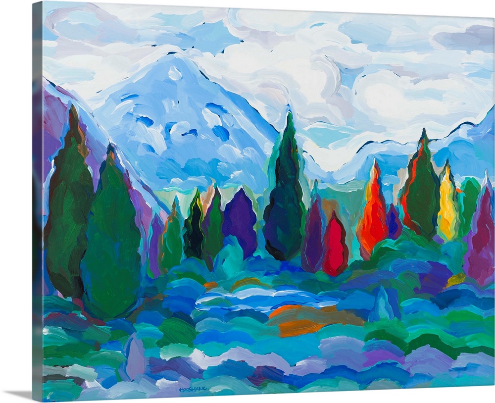 Colorful abstract landscape with trees and mountains.