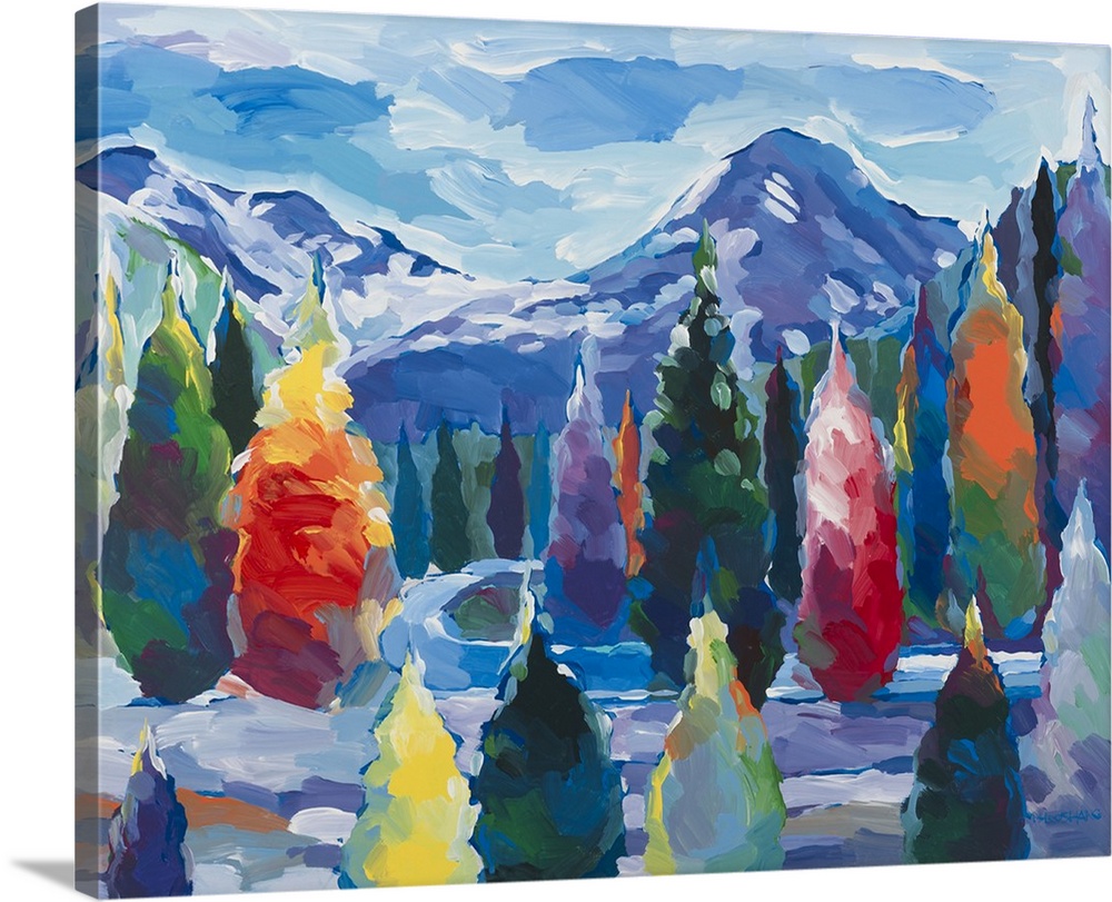 Colorful abstract landscape with trees and mountains.