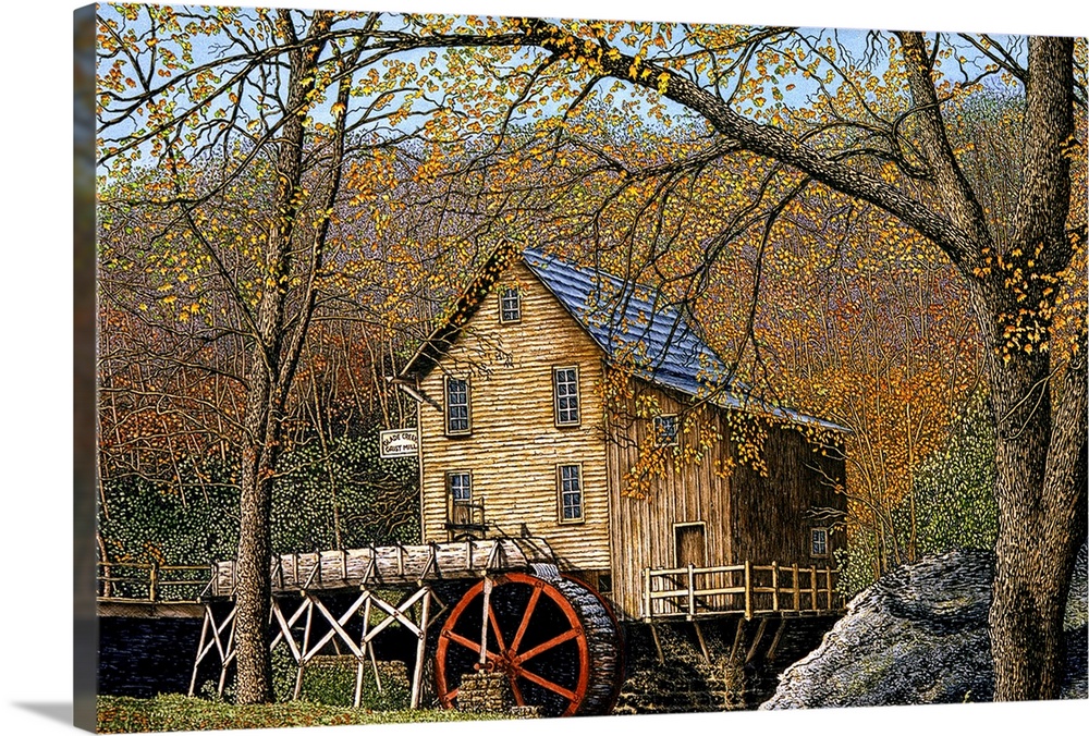 Contemporary painting of a watermill in an autumn landscape.