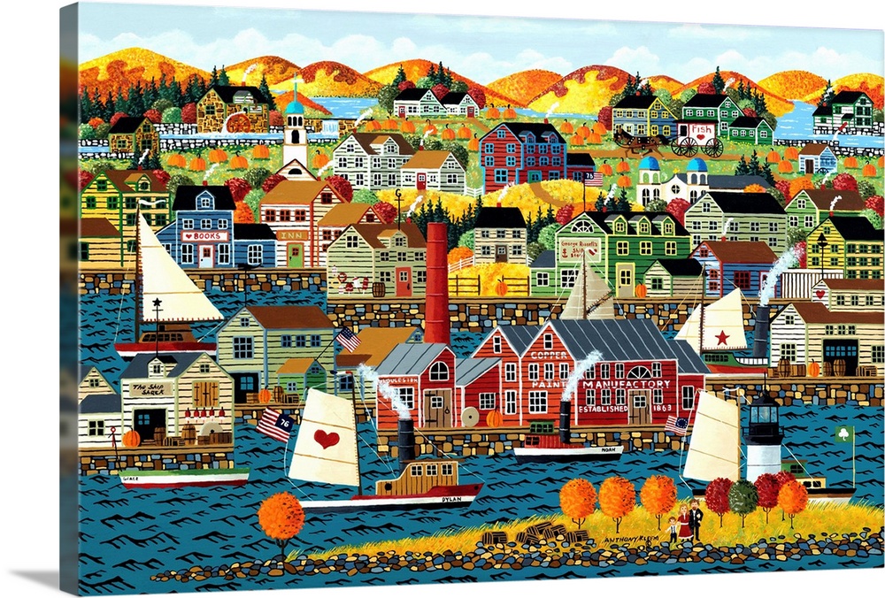Contemporary painting of a coastal village in autumn foliage.