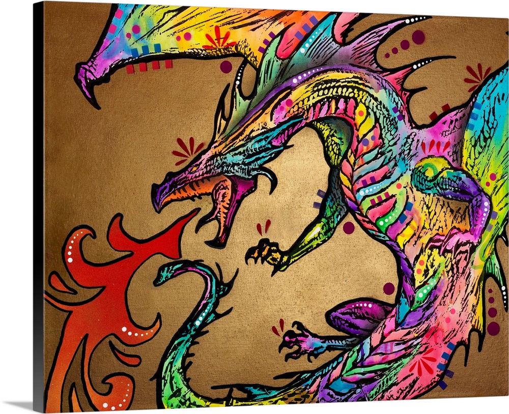 Colorful illustration of a fire breathing dragon with a dark gold background.