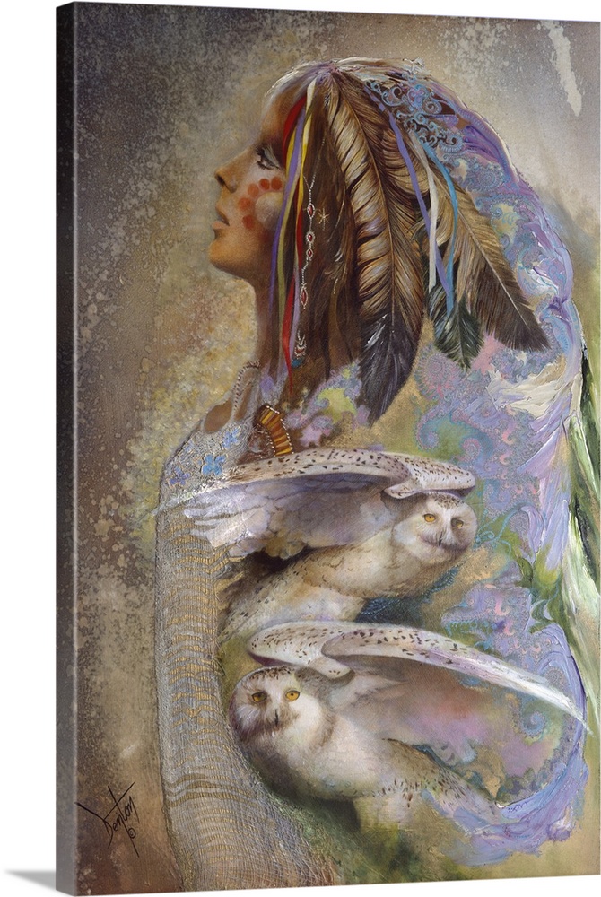 A contemporary painting of a Native American woman looking upward with images of white owls in the foreground of the image.