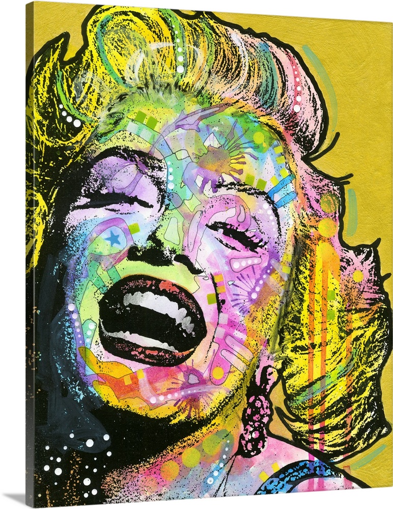Colorful portrait of Marilyn Monroe with graffiti-like designs on a gold background.