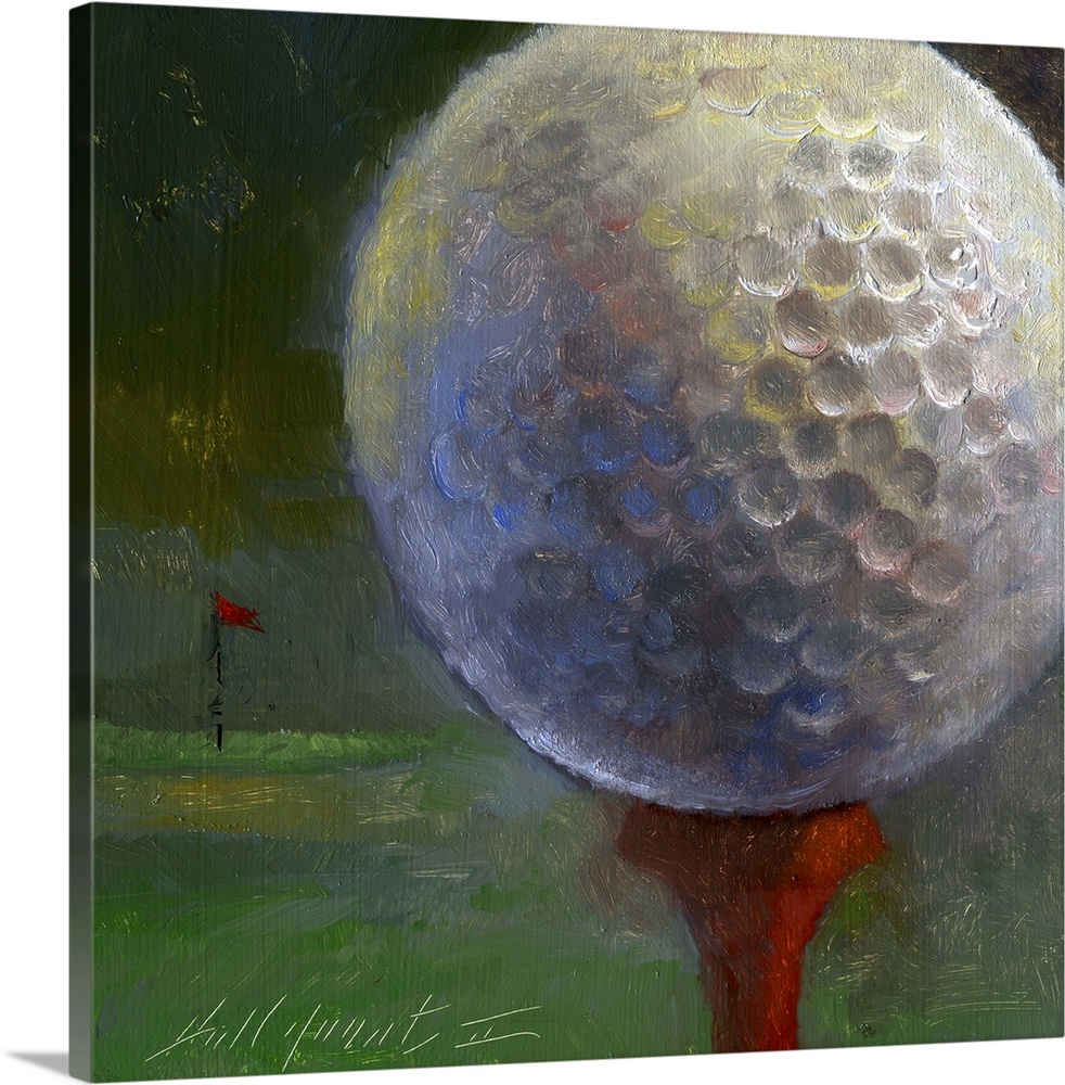 Contemporary still-life painting of a golf ball close-up, with a red flag marking the cup in the background.