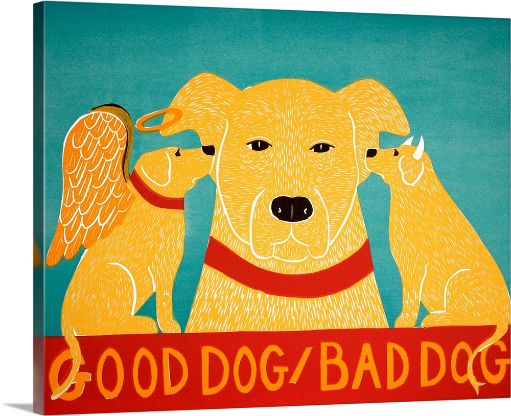 Illustration of a yellow lab with an angel and devil yellow lab on each shoulder whispering in its ear and the phrase "Goo...