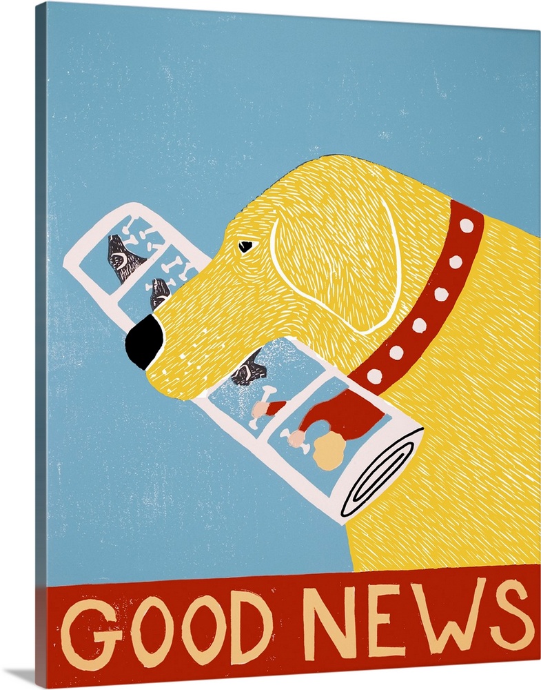 Illustration of a yellow lab with the newspaper in its mouth and the phrase "Good News" written on the bottom.