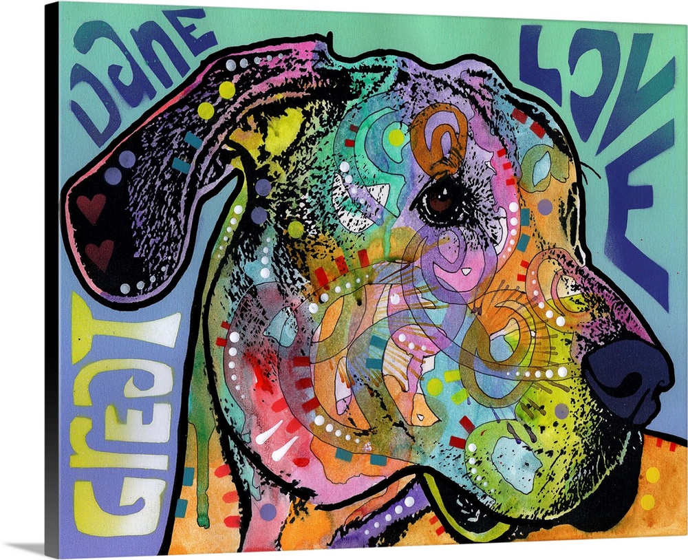 "Great Dane Love" written around a colorful painting of a Great Dane with abstract markings.