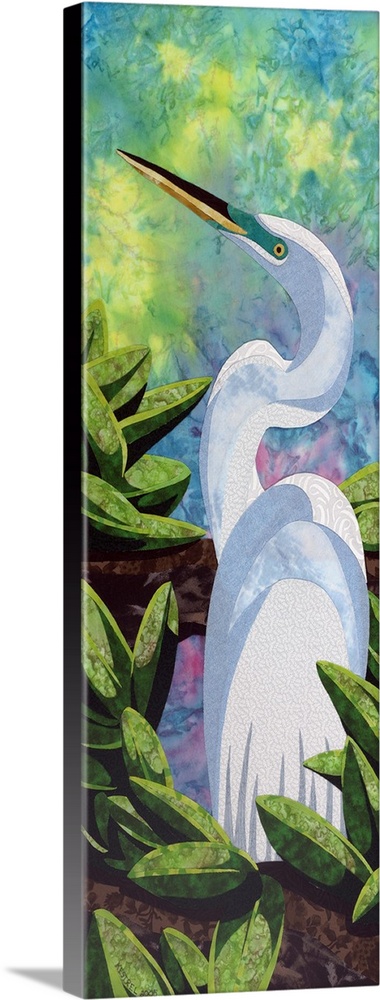 Contemporary colorful fabric art of a great egret.