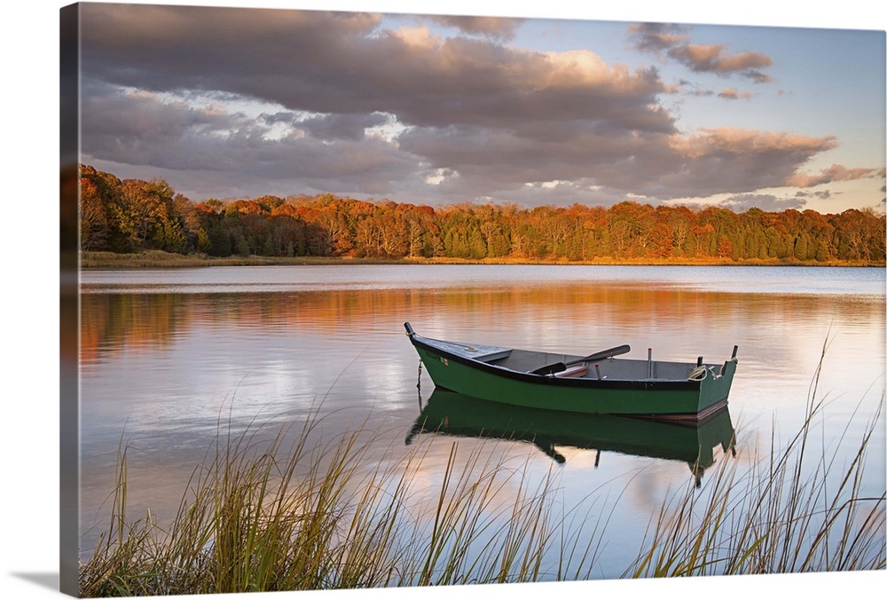 Photograph of a green row boat sitting on the still water of a woodland pond.