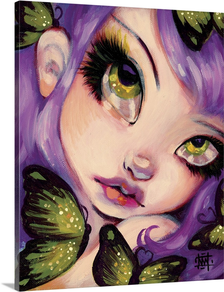 Fantasy painting of a woman with large eyes, violet hair, and butterflies.