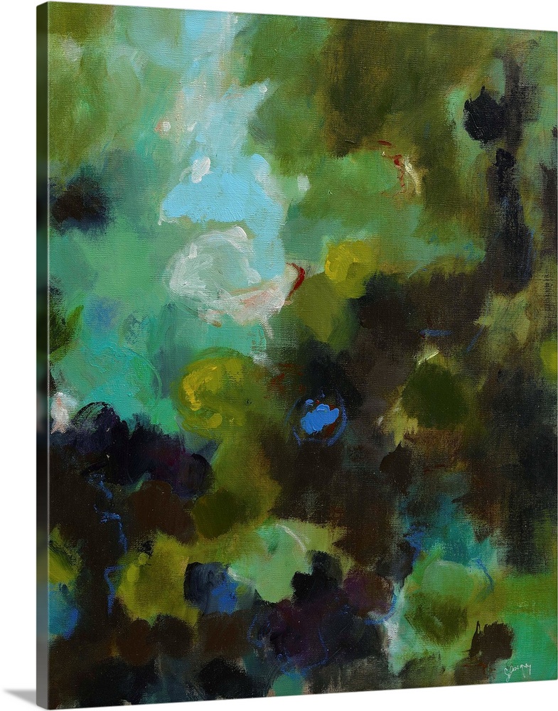 Aqua toned abstract painting, reminiscent of a pond or garden.