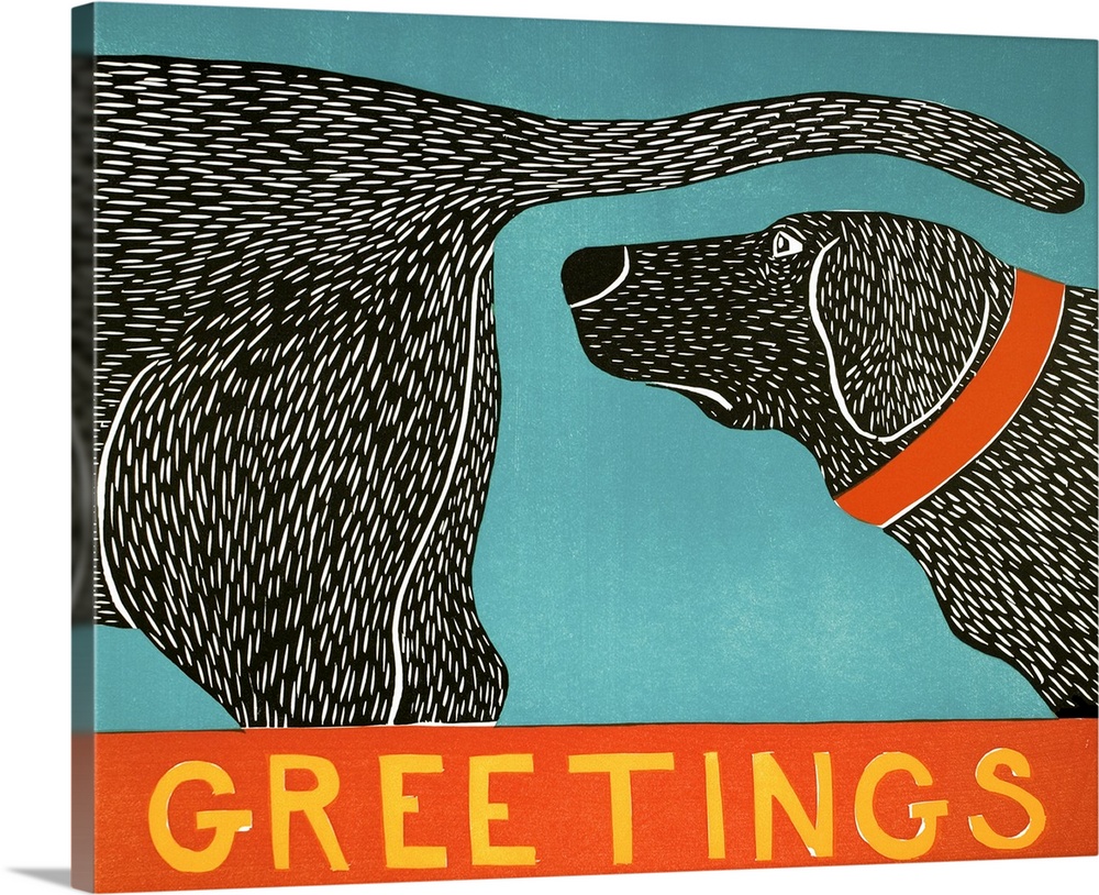Illustration of a black lab sniffing another black lab's behind with the word "Greetings" written on the bottom.