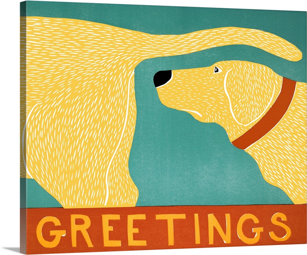 Illustration of a yellow lab sniffing another yellow lab's behind with the word "Greetings" written on the bottom.