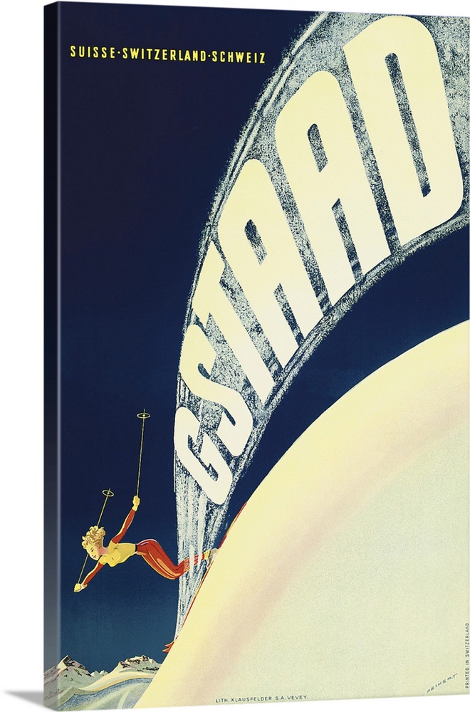 Vintage advertisement artwork for Gstaad skiing.
