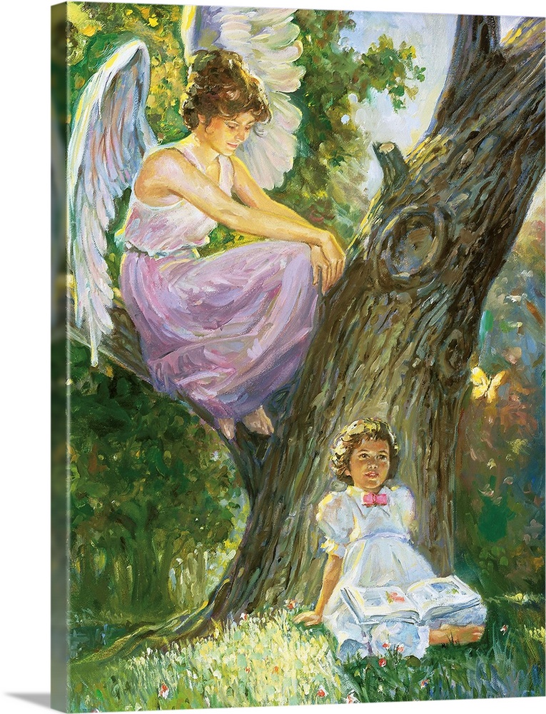 A guardian angel is sitting in a tree, looking after a little girl who is sitting on the ground, a book between her legs.