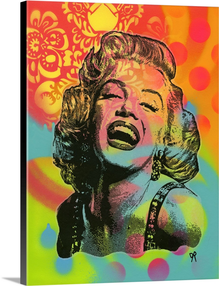 Pop art style illustration of Marilyn Monroe with a playful and vibrant spray painted background.