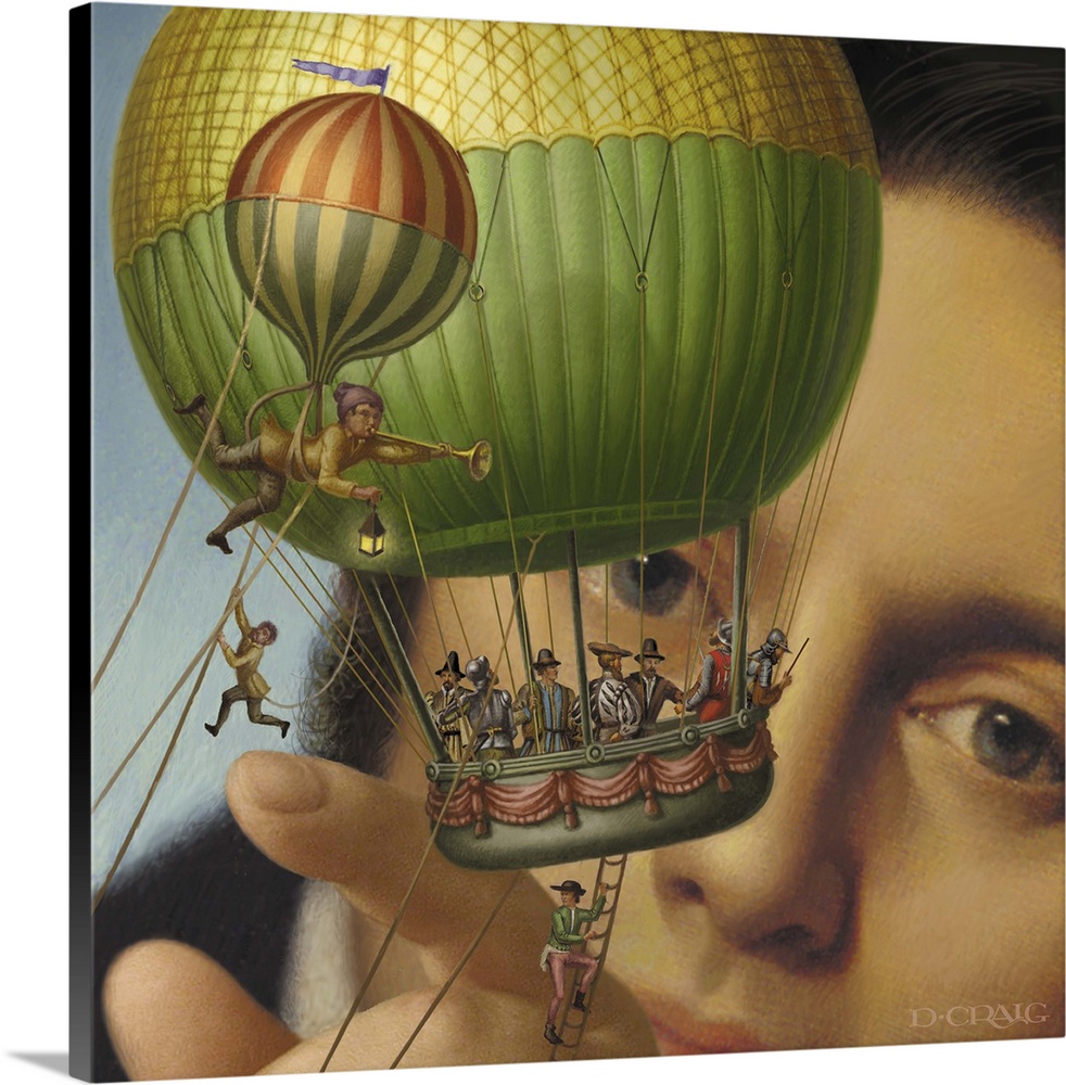 Giant playing with a hot air balloon filled with people.