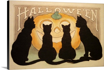 Halloween, Four Cats with Jack-O-Lantern.