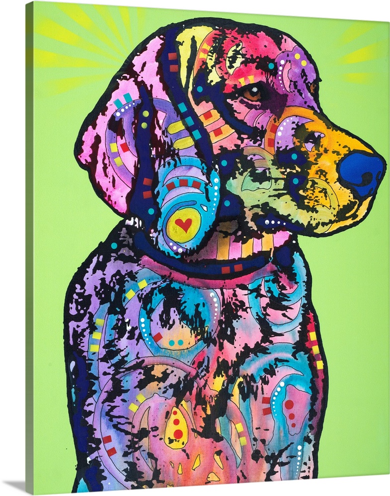 Colorful painting of a retriever with abstract designs on a green background.