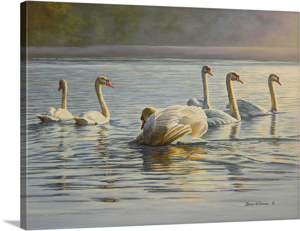 Contemporary artwork of six swans swimming in a pond.