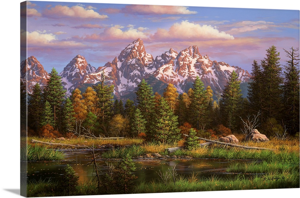 Landscape painting of river and mountains.