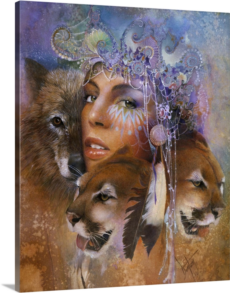 Woman surrounded by cougars and wolves.