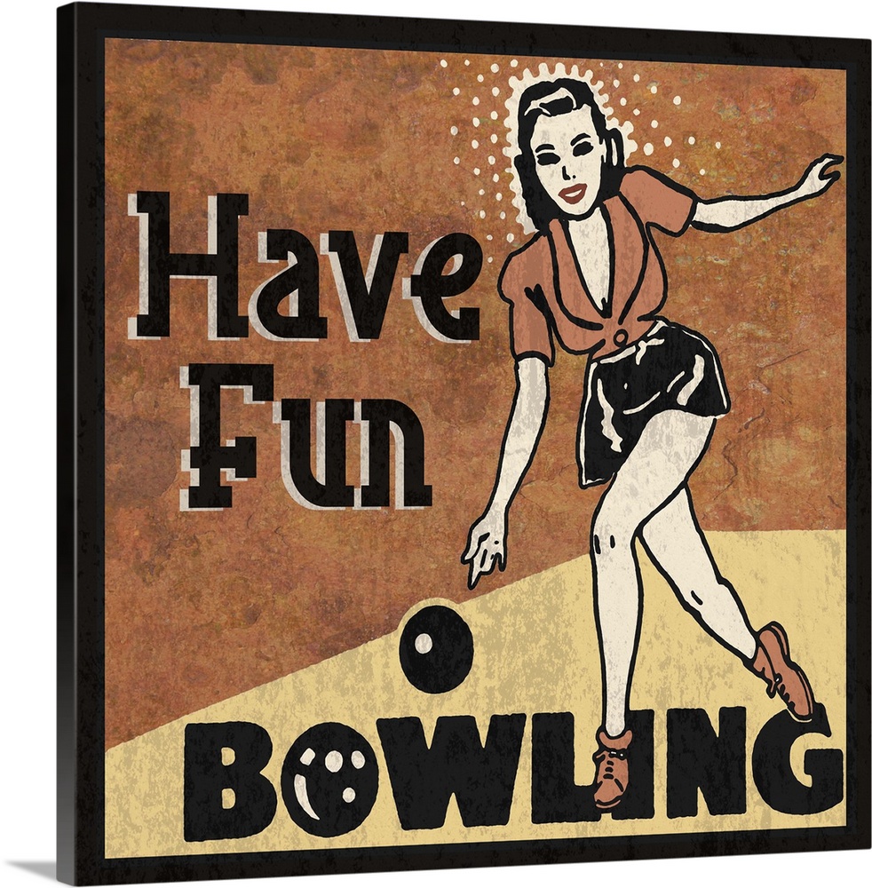 Vintage style sign with a young woman bowling.