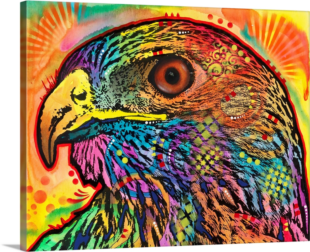 Close-up illustration of a hawk covered in colorful designs.