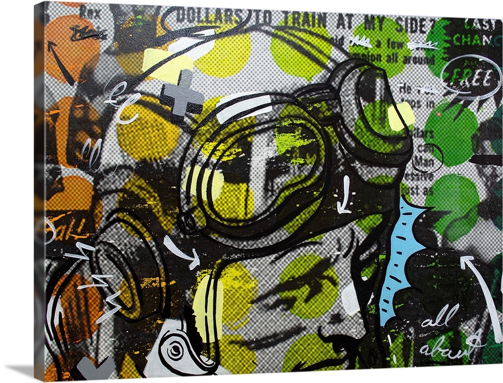 Pop art composed of comic illustrations and bold text, reminiscent of Lichtenstein, of a man wearing pilot's goggles.