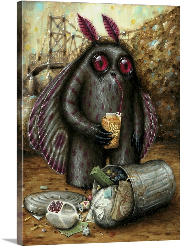 Surrealist painting of a winged insect type monster sipping from a juice carton while standing over a trashcan.