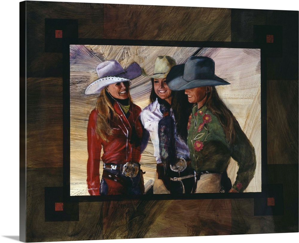Contemporary western theme painting of three cowgirls.