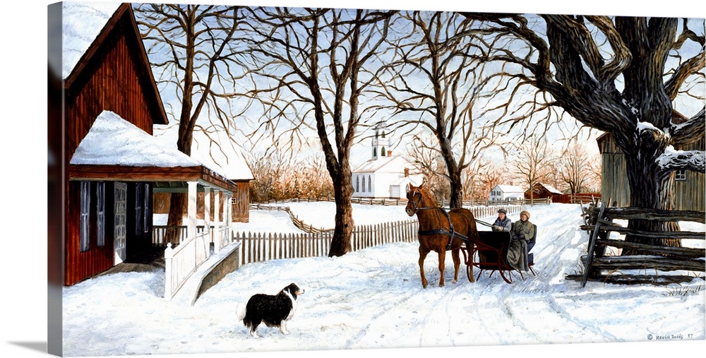 Contemporary artwork of a horse pulling a sled back home.