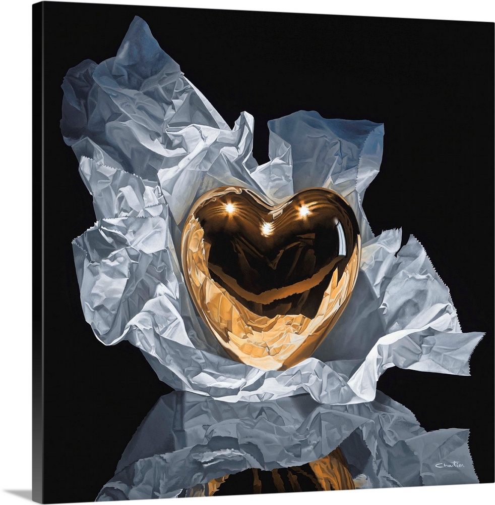 Contemporary vivid realistic still-life painting of a golden reflective heart heart figurine sitting on crumpled and wrink...