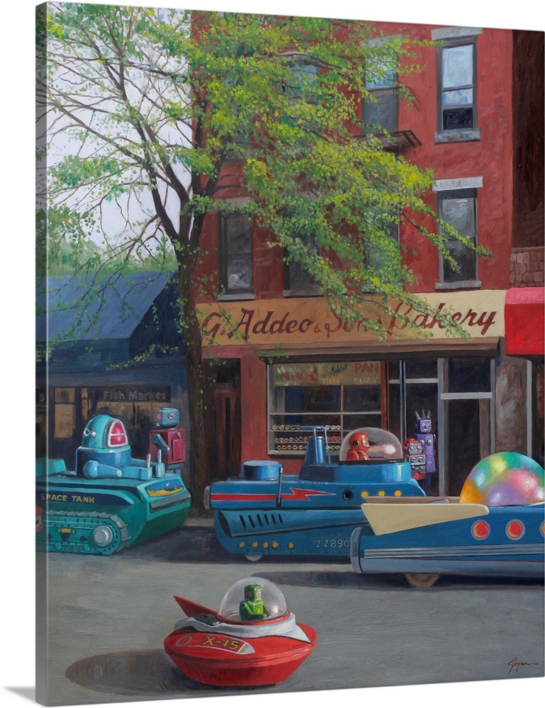 A contemporary painting of a street scene in a city with retro toy robots driving spaceship vehicles.