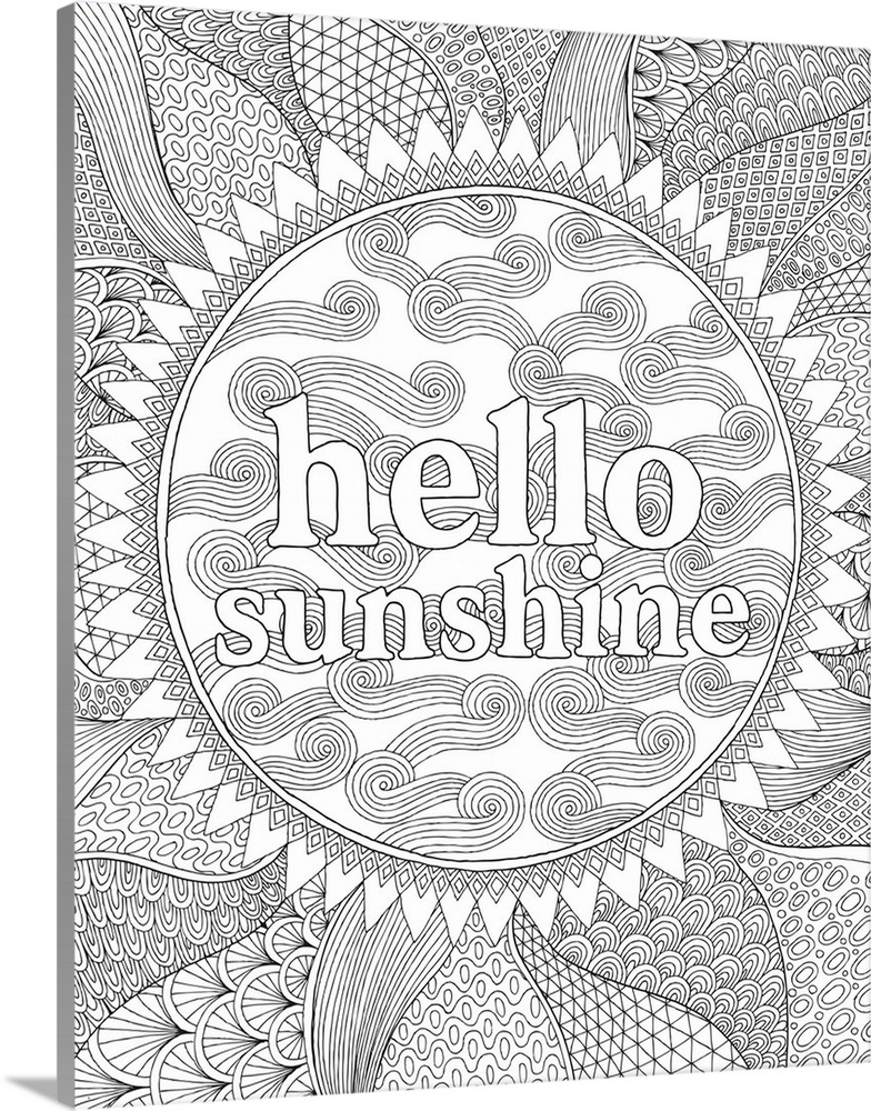 Black and white line art with the phrase "Hello Sunshine" written inside an intricately designed sunflower.