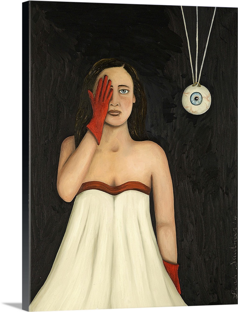 Surrealist painting of a woman wearing a white dress and holding hand over her right eye. While an eyeball hovers in the a...