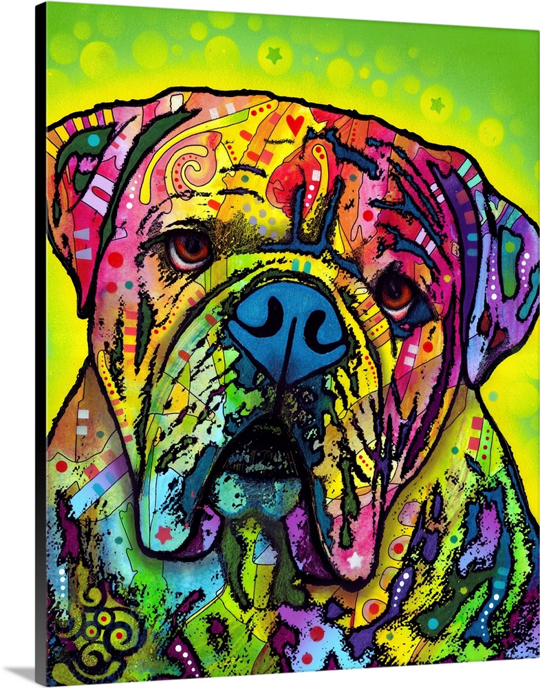 Vibrant painting of a bulldog with graffiti-like designs on a bright green background with a yellow spray painted outline ...