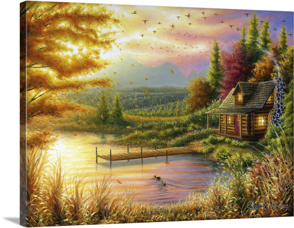 A contemporary idyllic painting of a lake cottage at sunset.