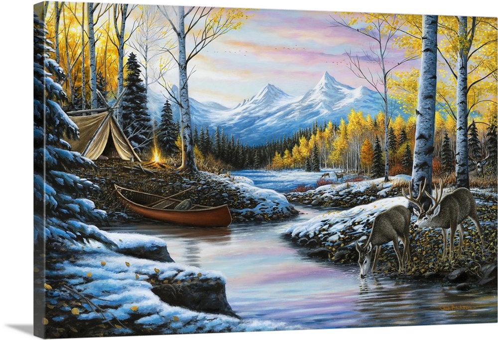 Contemporary Winter forest landscape painting with deer drinking water from the river and a tent set up in the background.