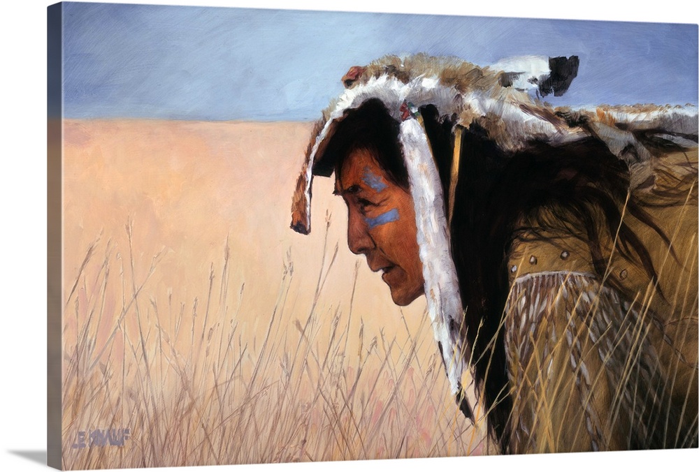 Contemporary western theme painting of a native American man kneeling in tall grass on the plains.