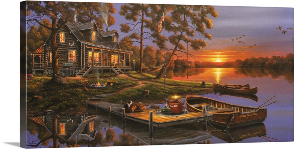 A contemporary painting of a serene cottage lake scene.