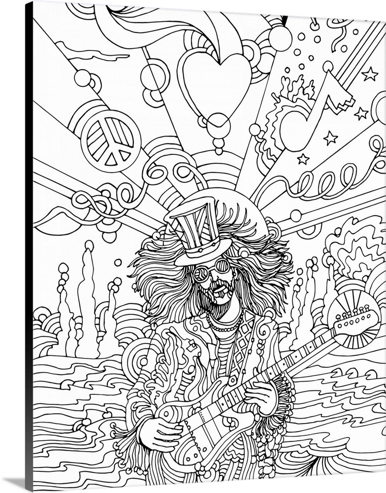 Black and white line art of a musician.