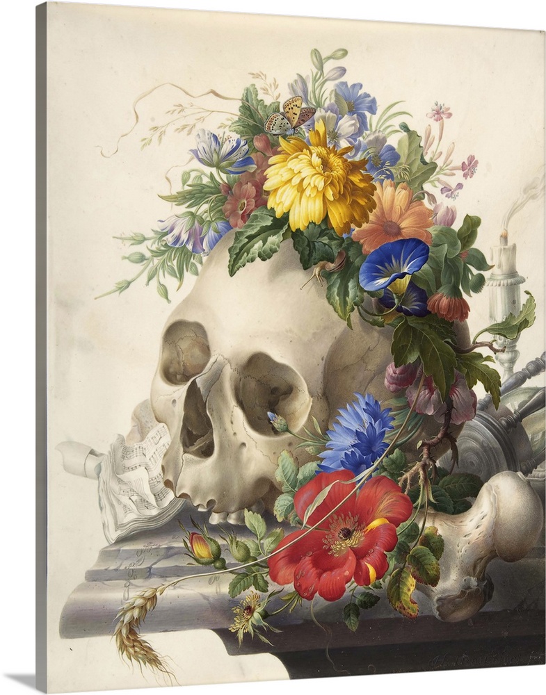 Contemporary painting of a human skull being used a vessel to hold a bouquet of flowers.